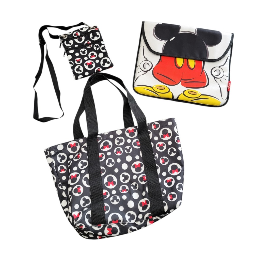 Disney‎ Mickey Mouse Bag Set 3 Piece Tote Crossbody Purse Laptop Sleeve Black